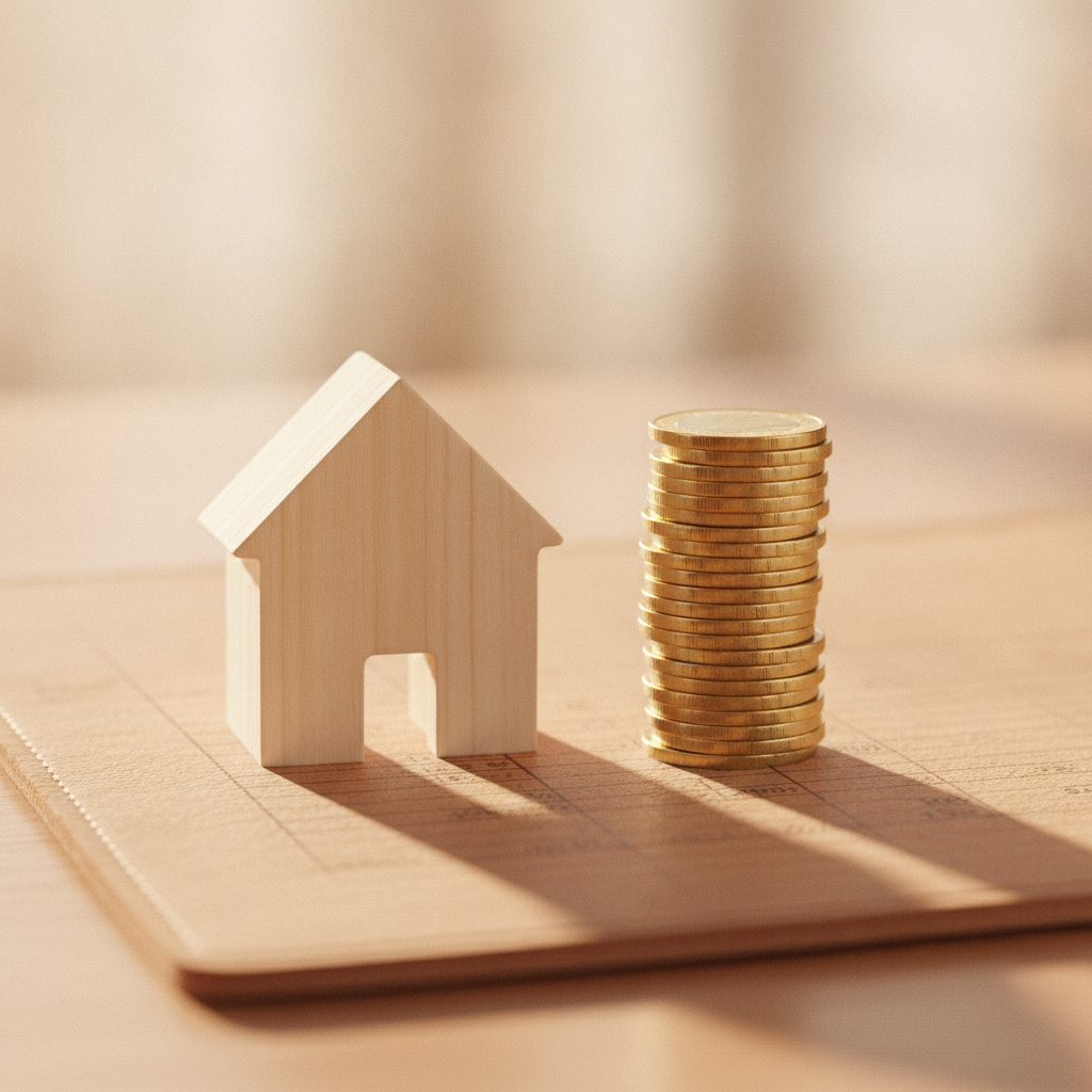 Small model house beside stacked coins on a calm ledger surface